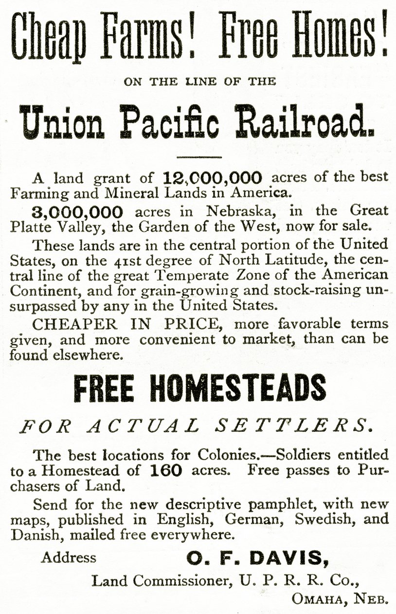 Günstige Farmen und freie Häuser an der Union Pacific Railroad Linie, Anzeige aus Appletons Journal, 4. Mai 1872 von American School