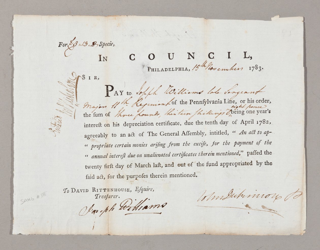 Scheck über drei Pfund und dreizehn Schilling an Joseph Williams, 13. November 1783 von American School