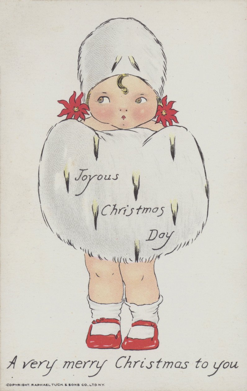 Weihnachtsgrußkarte mit einem Kind mit Weihnachtsfellmuff und Hut von American School