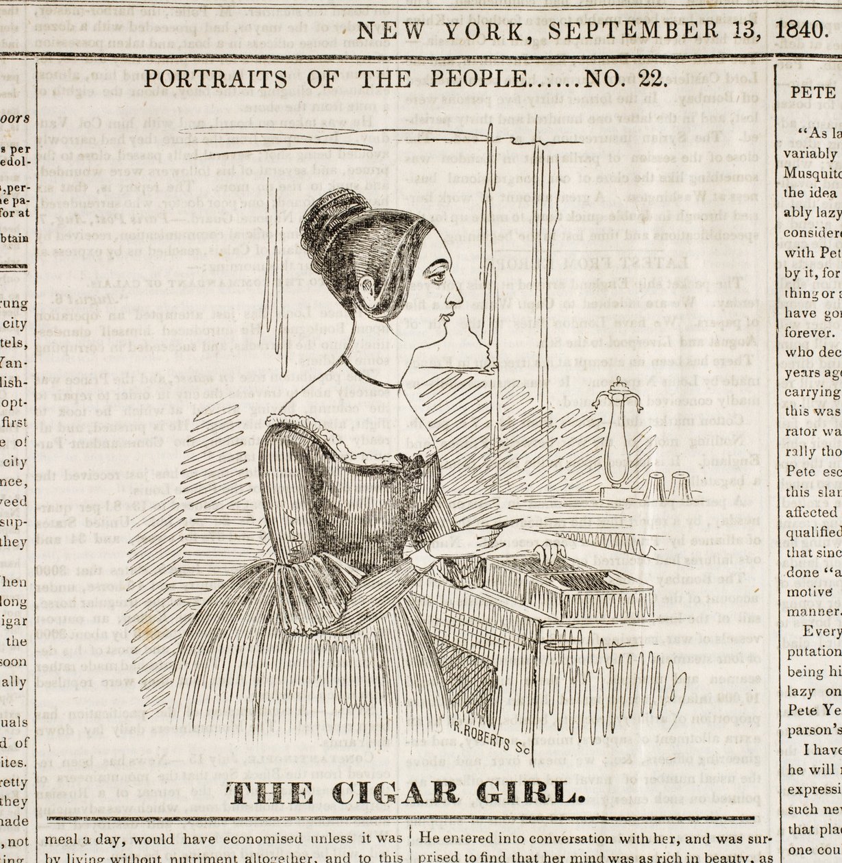 Cigar Girl, Titelseite des "New York Sunday Atlas", 13. September 1840 von American School