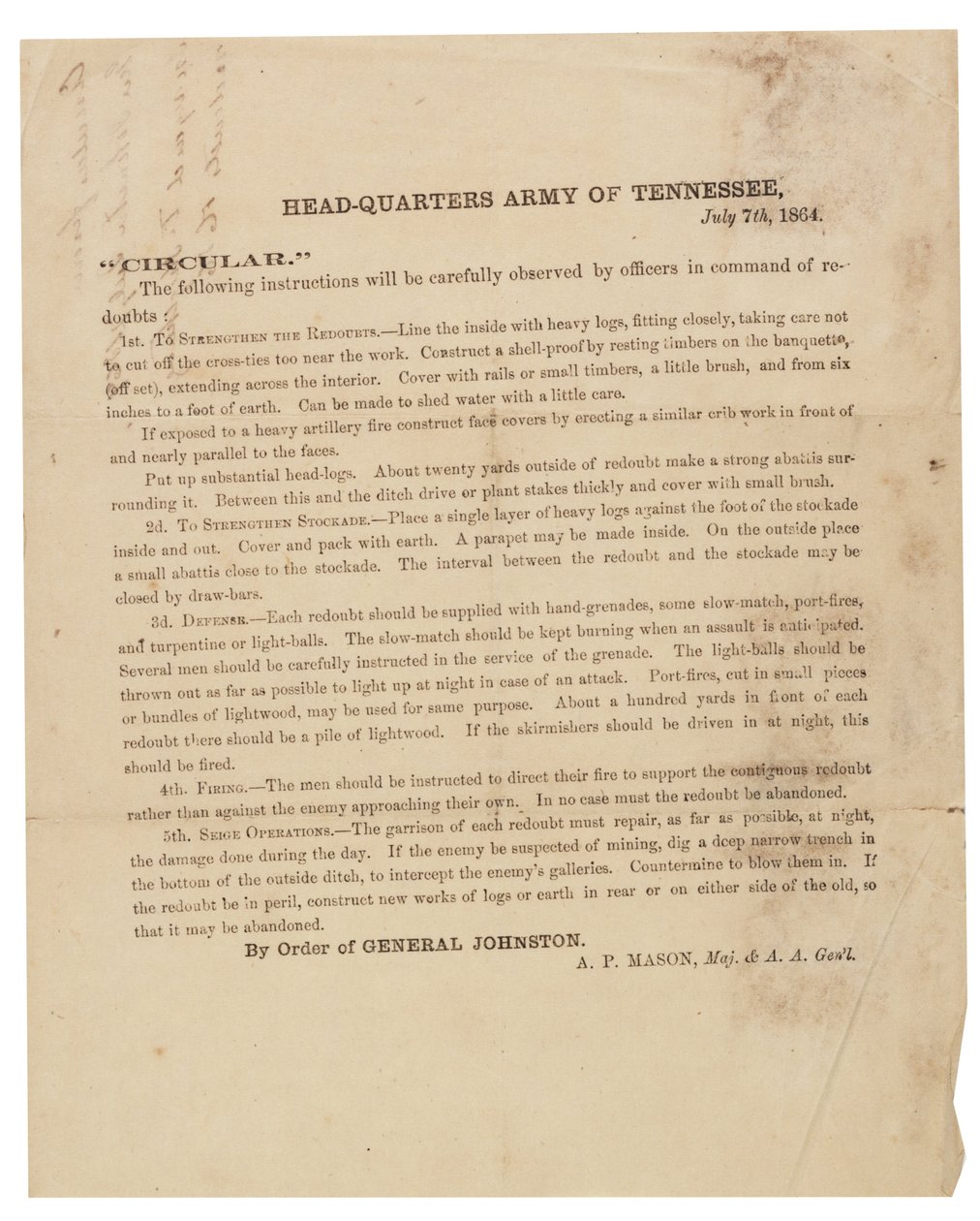 Rundschreiben zur Konstruktion und Befestigung von Schanzen, die von der Armee von Tennessee verwendet werden, 7. Juli 1864 von American School