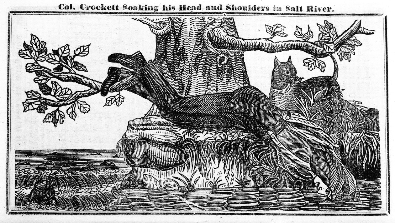 Colonel Davy Crockett taucht seinen Kopf und seine Schultern in den Salt River, aus Crocketts Almanach, 1837 von American School