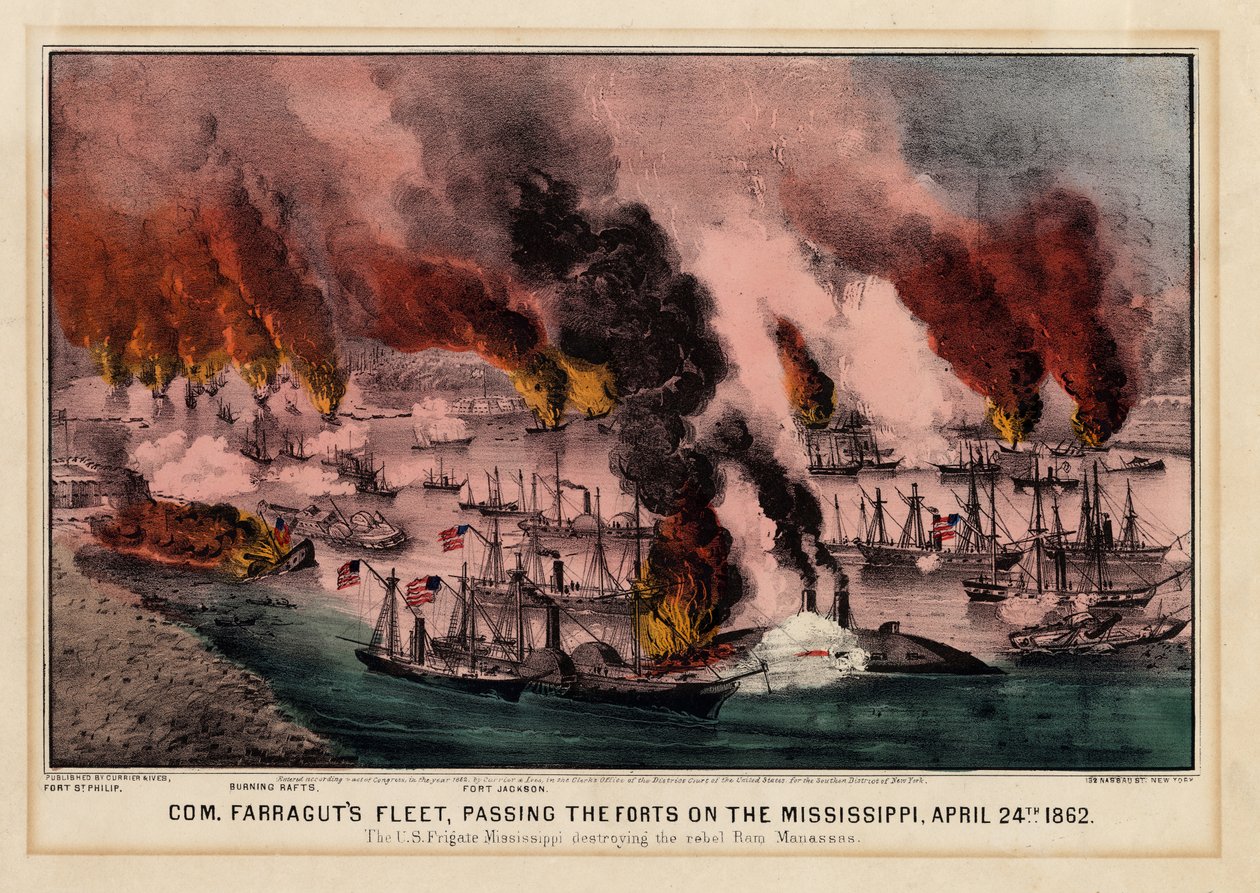Com. Farraguts Flotte, passiert die Forts am Mississippi, 24. April 1862, veröffentlicht von Currier & Ives, 1862 von American School