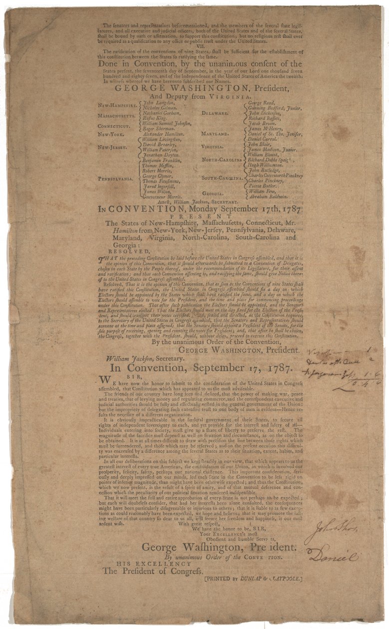 Verfassung, erster Druck, gedruckt von Dunlap & Claypoole, 17.-19. September 1787 von American School