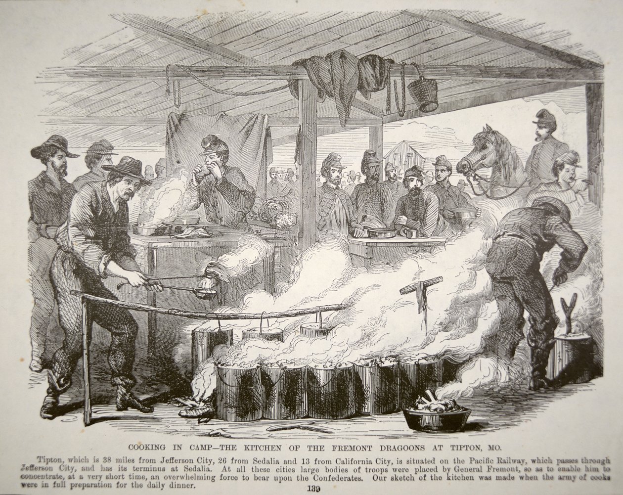 Kochen im Lager - Die Küche der Fremont-Dragoner in Tipton, Missouri (Gravur) von American School