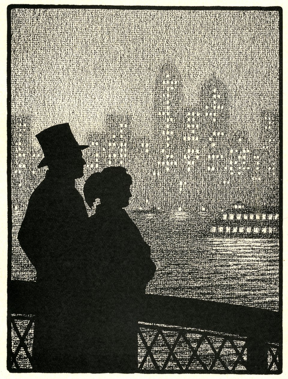 Paar blickt auf die Skyline von Manhattan von American School