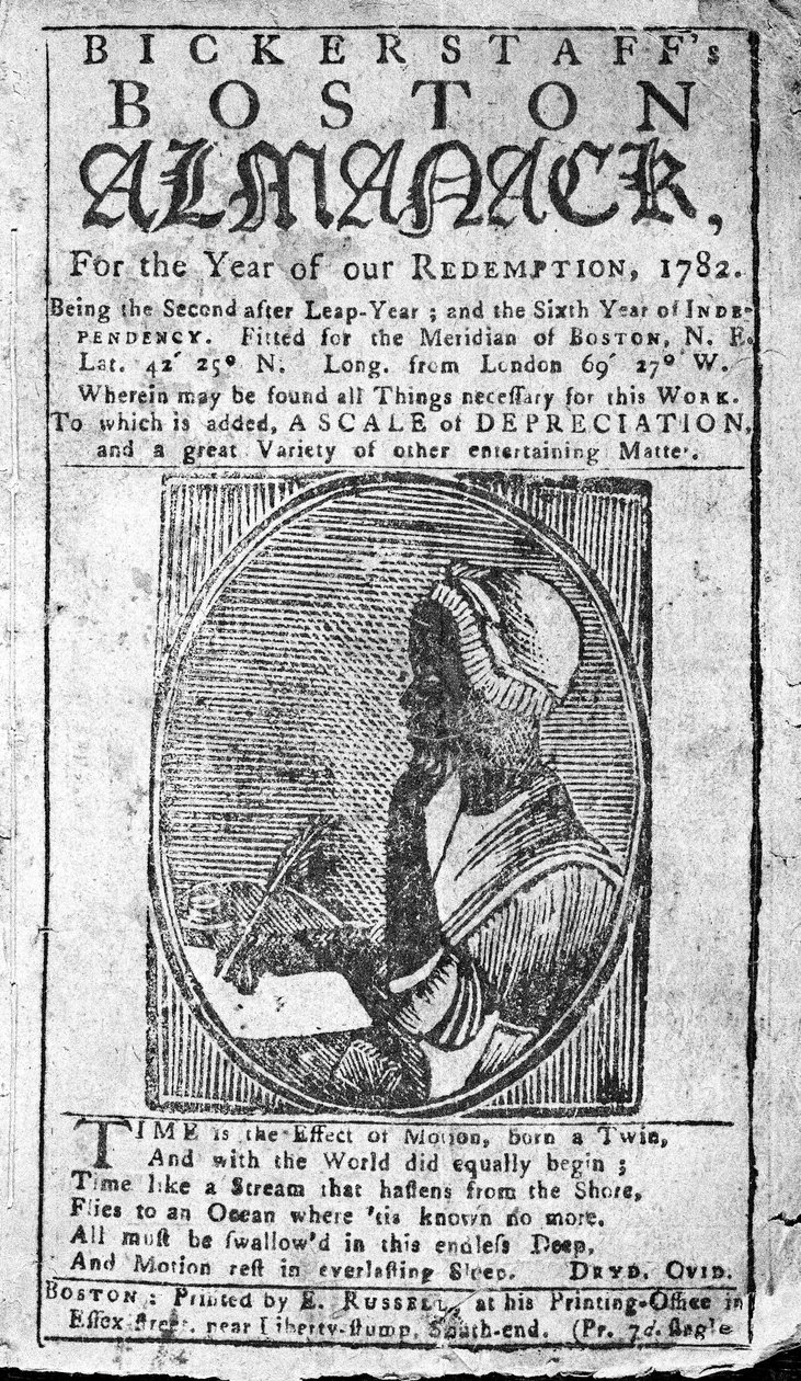 Titelblatt von Bickerstaffs Boston Almanack mit einem Porträt von Phillis Wheatley (1753-84), veröffentlicht 1782 von American School