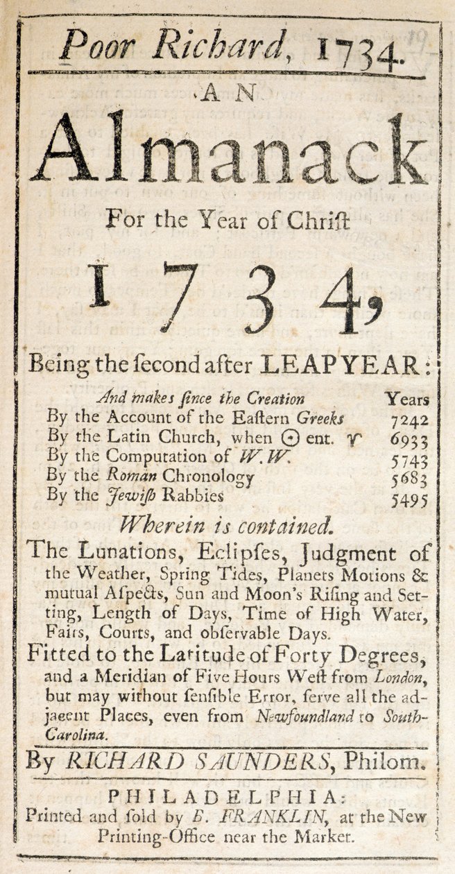 Titelblatt von Poor Richard, ein Almanach, 1734 von American School