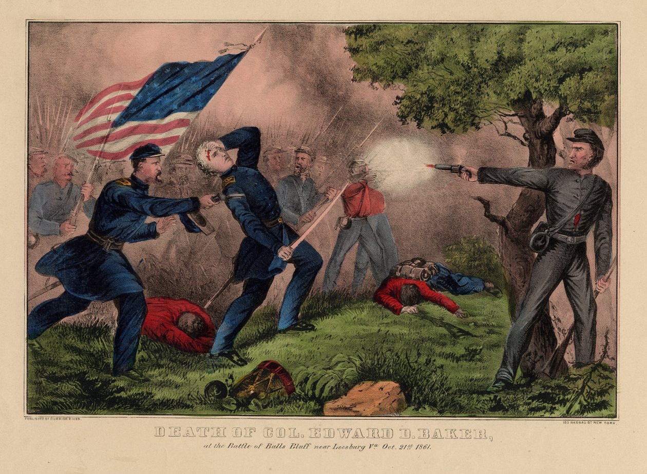 Tod von Col. Edward D. Baker, in der Schlacht von Balls Bluff bei Leesburg VA., 21. Oktober 1861, veröffentlicht von Currier & Ives, ca. 1861 von American School