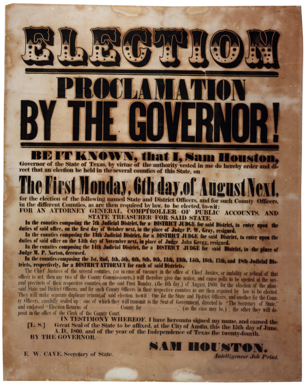 Wahlproklamation des Gouverneurs! (Wahlen vor dem Bürgerkrieg), 15. Juni 1860 von American School