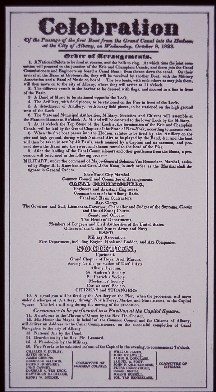 Erie-Kanal: Schlüsselteil des New York State Canal Systems; Flugblatt vom 8. Oktober 1823 zur Feier der Eröffnung (vollendet 1825) von American School