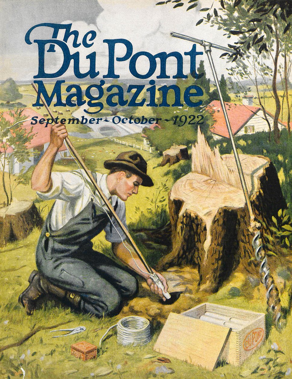 Bauer pflanzt DuPont Dynamit, Titelseite des DuPont Magazins, September-Oktober 1922 von American School