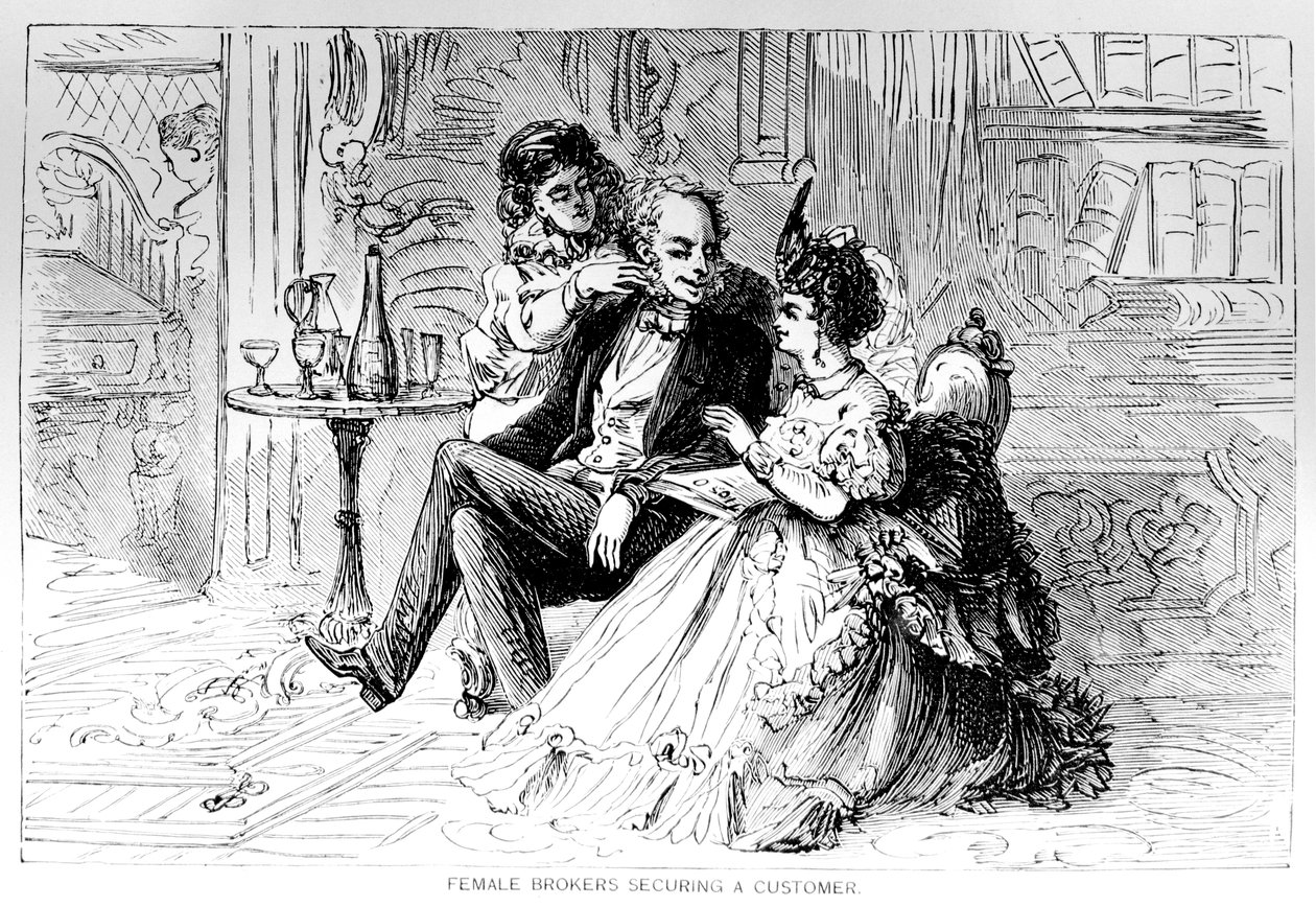 Weibliche Makler sichern einen Kunden, Illustration aus The Bulls and Bears of New York von Matthew Hale Smith, 1873 von American School
