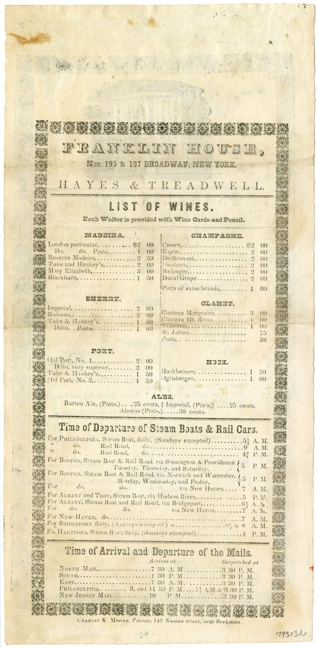 Franklin House Weinkarte für den 23. Mai 1844, 1844 von American School