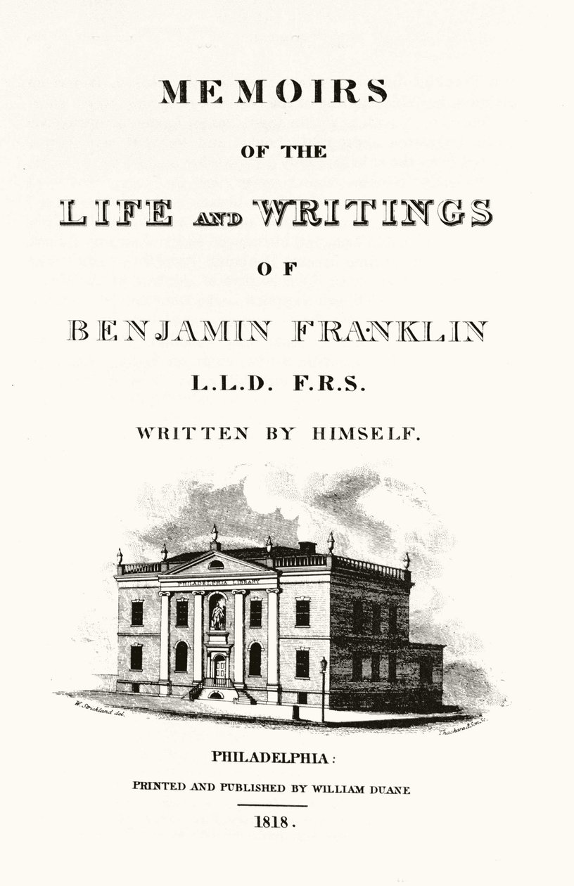 Frontispiz von „Memoirs of the life and writings of Benjamin Franklin“ Autobiographie von Benjamin Franklin. Ausgabe von 1818 von American School