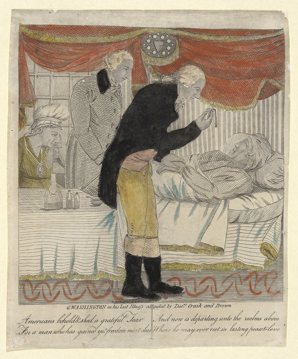 G. Washington in seiner letzten Krankheit, betreut von Drs. Craik und Brown, ca. 1800 von American School