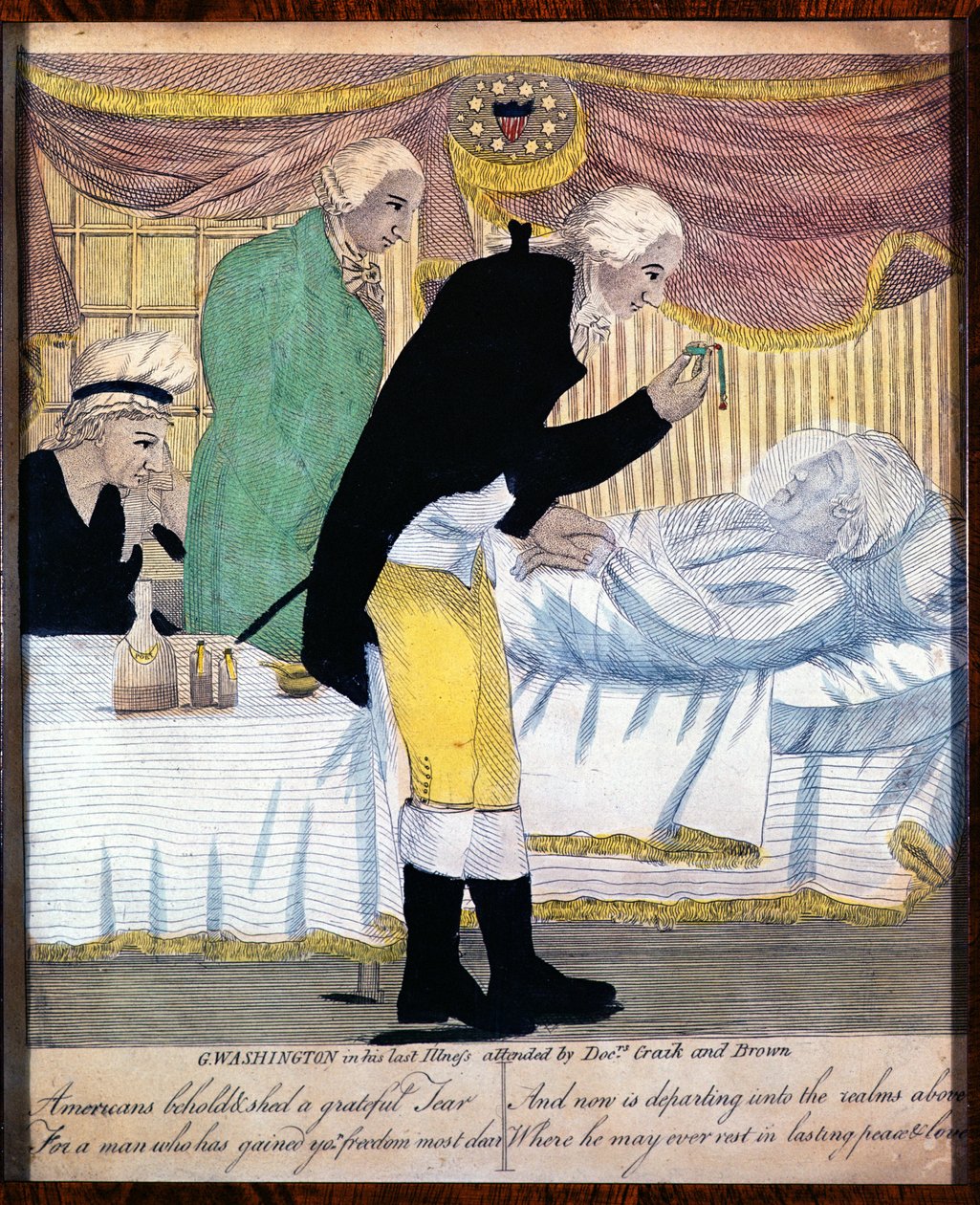 George Washington in seiner letzten Krankheit, betreut von den Ärzten Craik und Brown, 1799 von American School