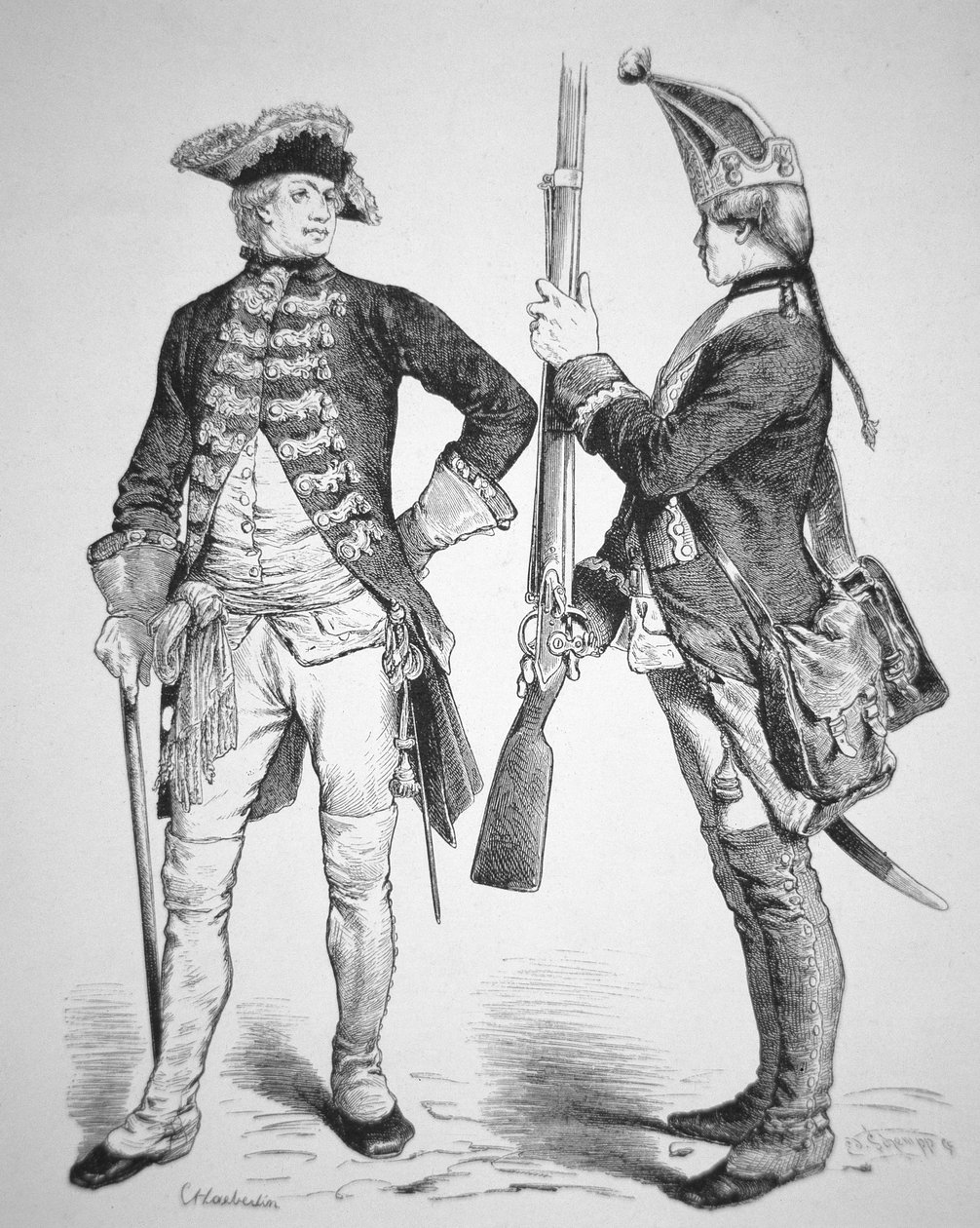 Hessische Soldaten von 1770 in ihren Uniformen aus dem Amerikanischen Unabhängigkeitskrieg von American School