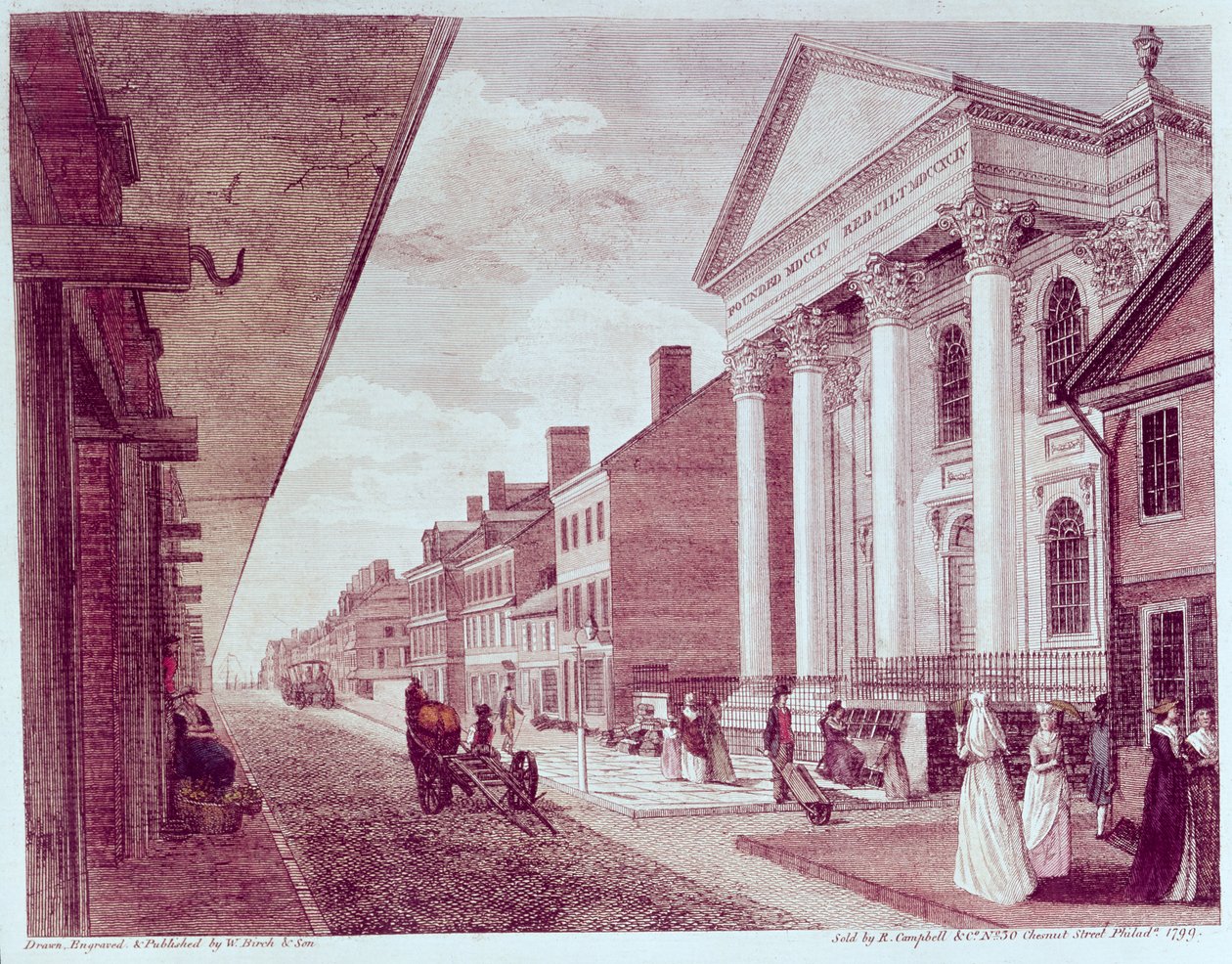 Hauptstraße mit der ersten presbyterianischen Kirche, Philadelphia, 1799 von American School