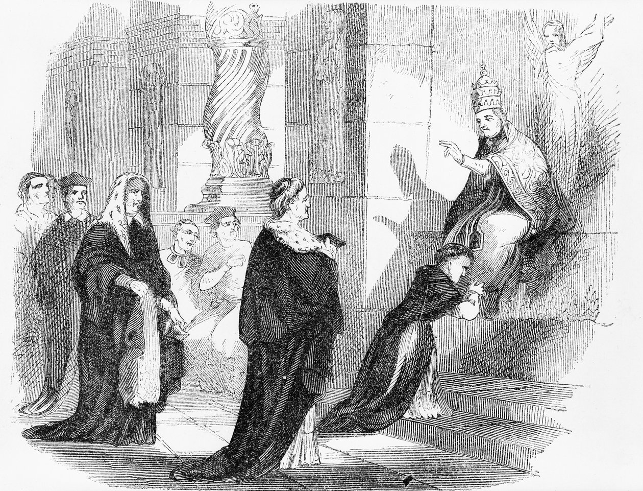 Illustration aus einem anti-katholischen Pamphlet, die einen Priester zeigt, der die Roben des Papstes küsst von American School