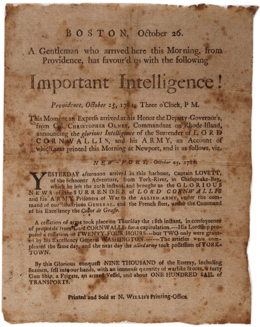 Wichtige Nachricht! (Ankündigung der Kapitulation von Cornwallis in Yorktown), kleines Flugblatt gedruckt von M. Willis, Boston, 26. Oktober 1781 von American School
