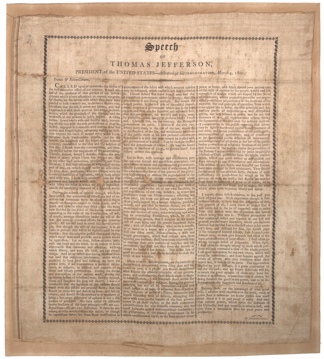 Jeffersons erste Antrittsrede, gedruckt von Pechin, Baltimore, 4. März 1801 von American School
