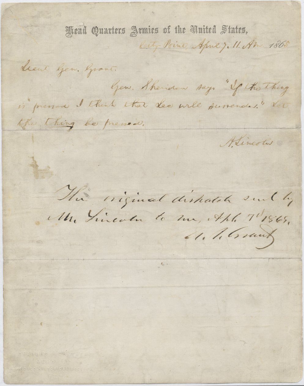Brief von Abraham Lincoln an General Ulysses S. Grant, 7. April 1865 von American School
