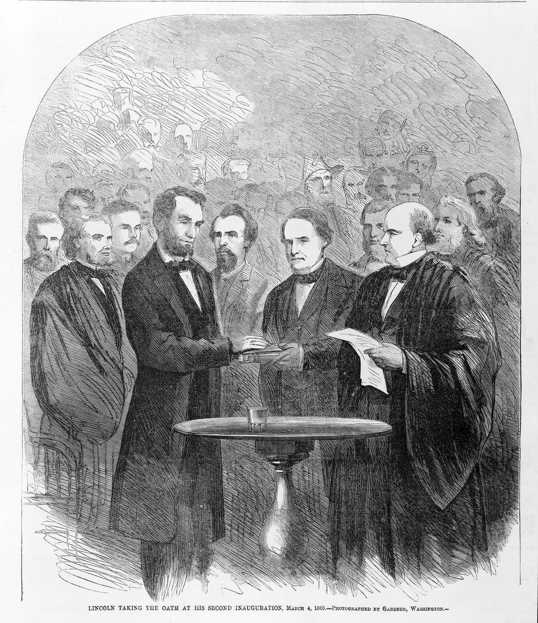 Lincoln legt den Eid bei seiner zweiten Amtseinführung ab, 4. März 1865, veröffentlicht 1865 von American School