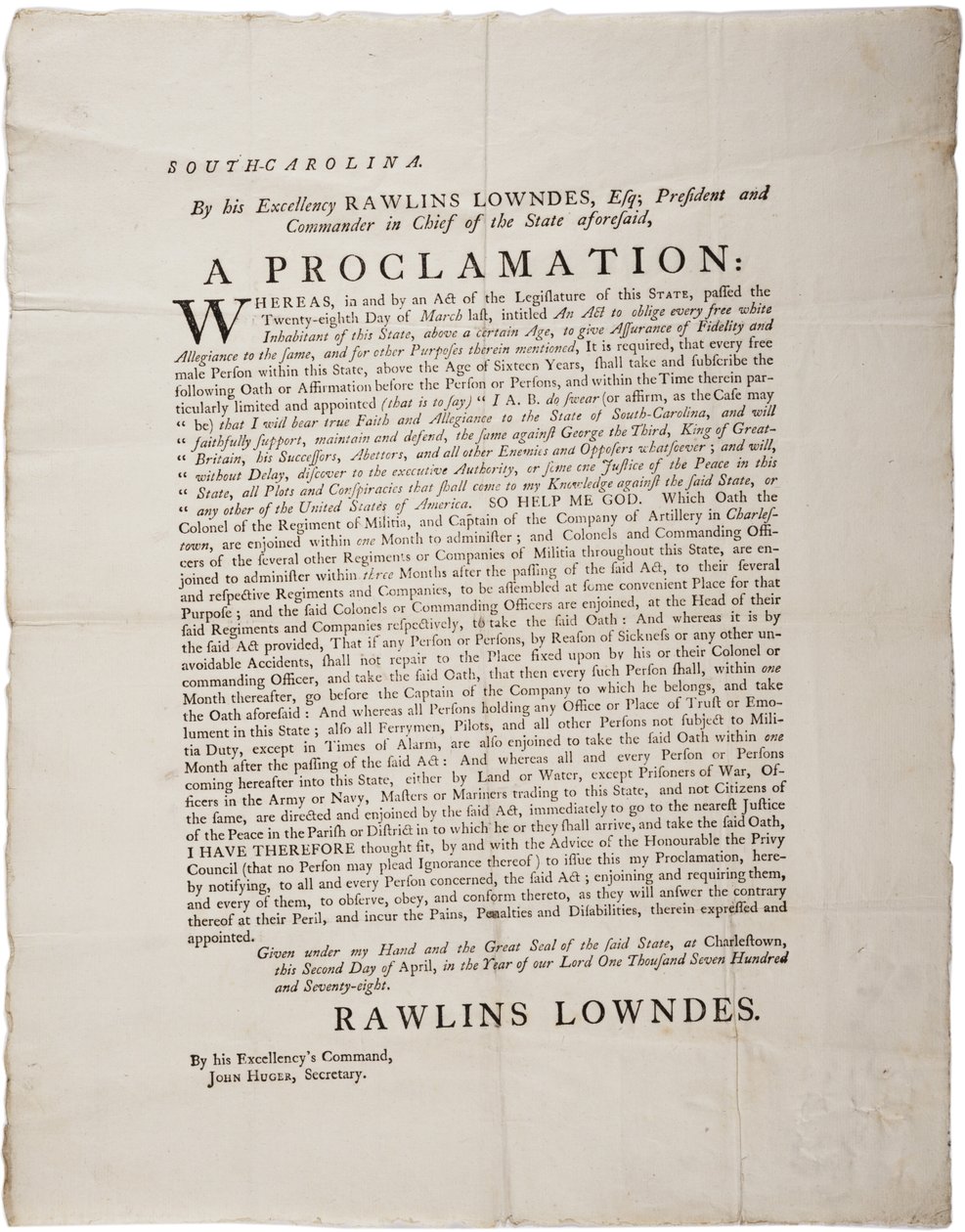 Treueeid zum Schutz der Unabhängigkeit von South Carolina, 2. April 1778 von American School