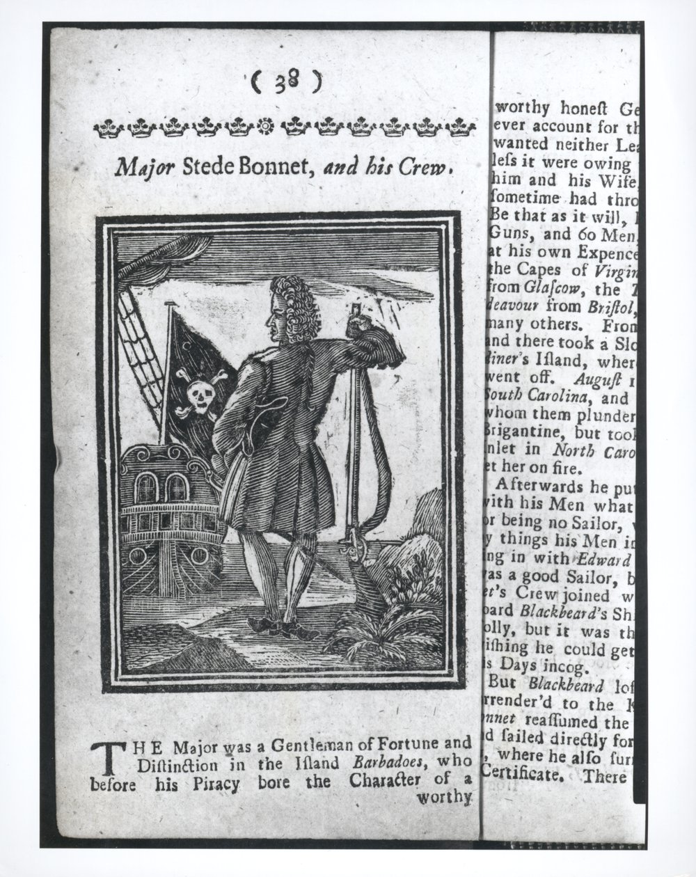 Major Stepe Bonnet, Seite 38 aus Geschichte und Leben aller berüchtigten Piraten und ihrer Besatzungen, London, 1725 von American School
