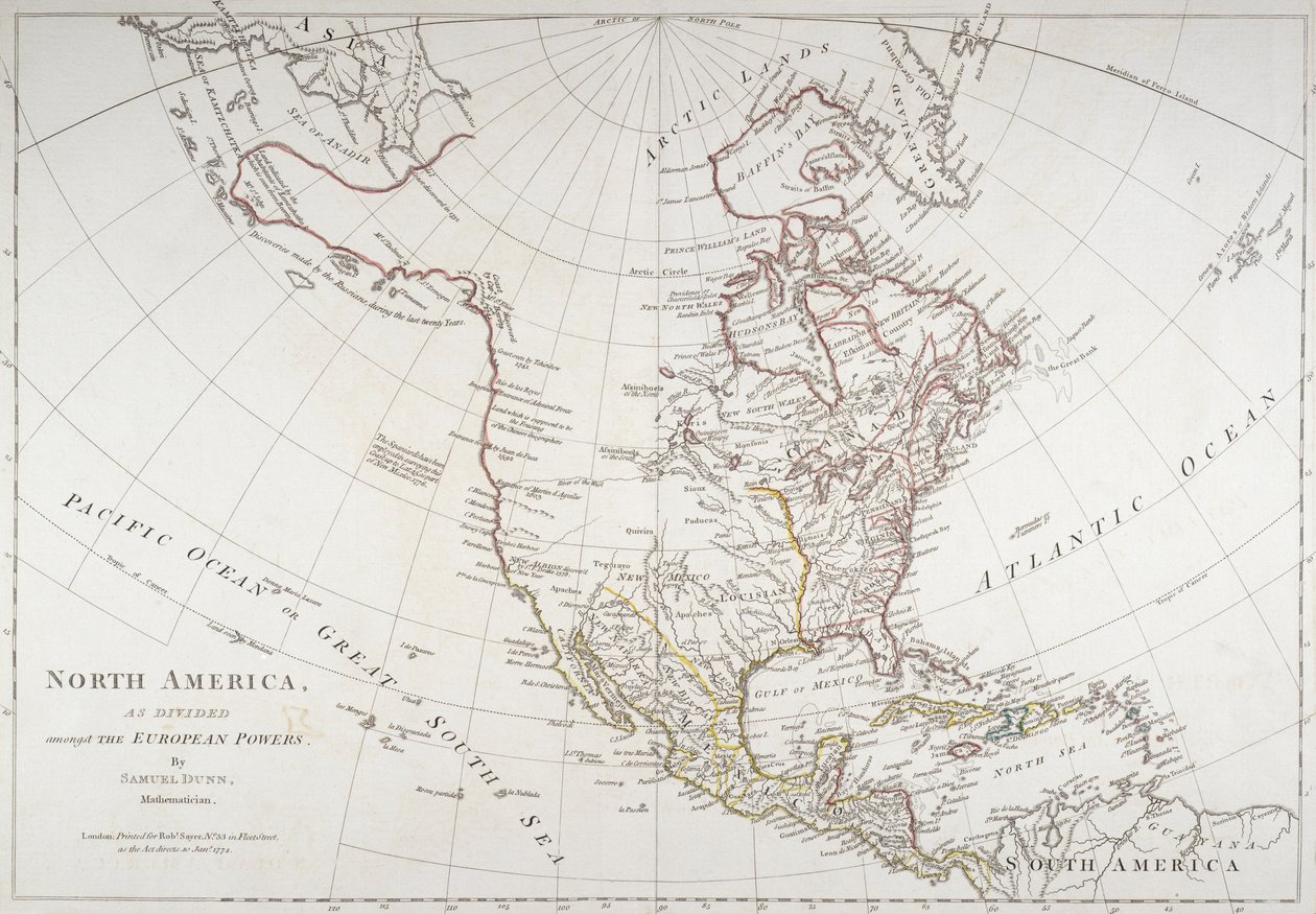 Karte, die Nordamerika zeigt, wie es von den europäischen Mächten geteilt wurde, 1774 von American School