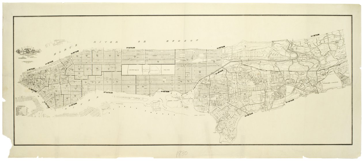 Karte der Stadt New York, erstellt unter der Leitung der Kommissare der Metropolitan Fire Department, zeigt die Lage der Gebäude im Besitz und Gebrauch der Metropolitan Fire Department und der Metropolitan Police Department von American School