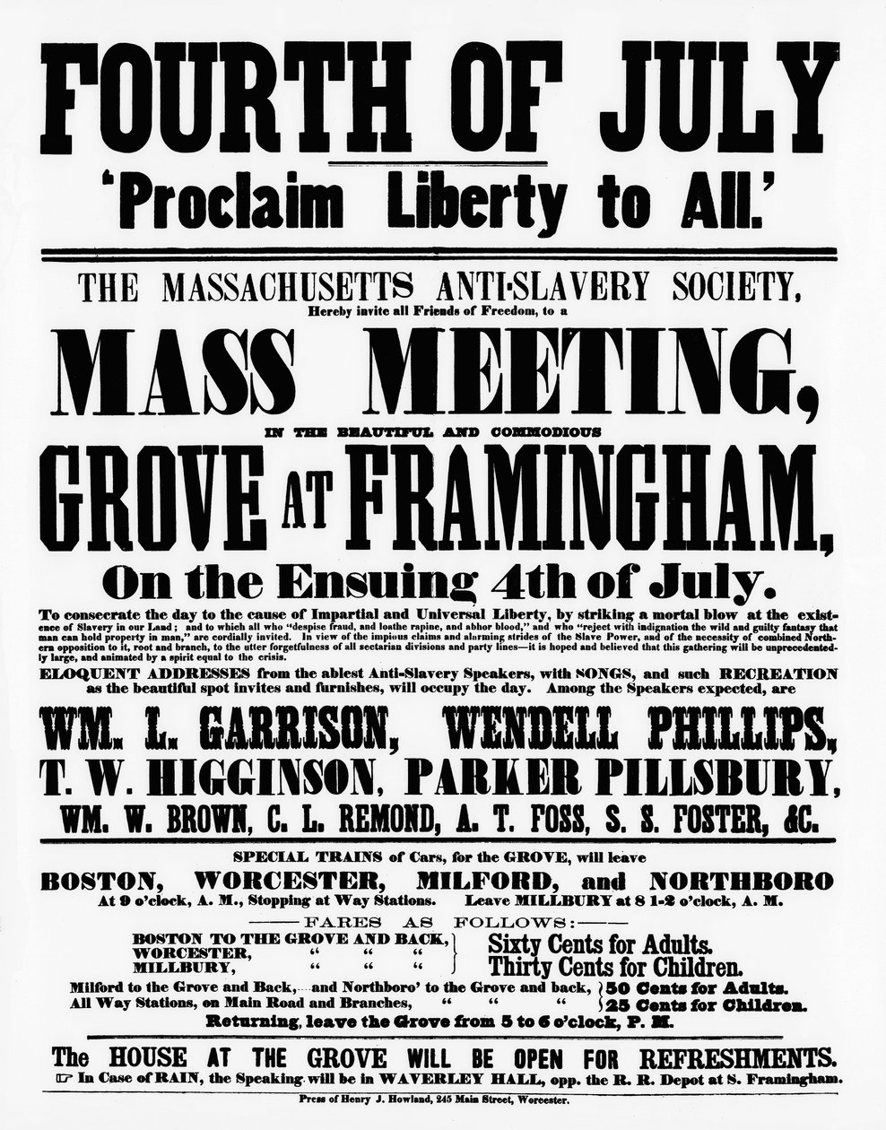 Plakat der Massachusetts Anti-Slavery Society, das Freiheit für alle am Unabhängigkeitstag, 1859, verkündet von American School