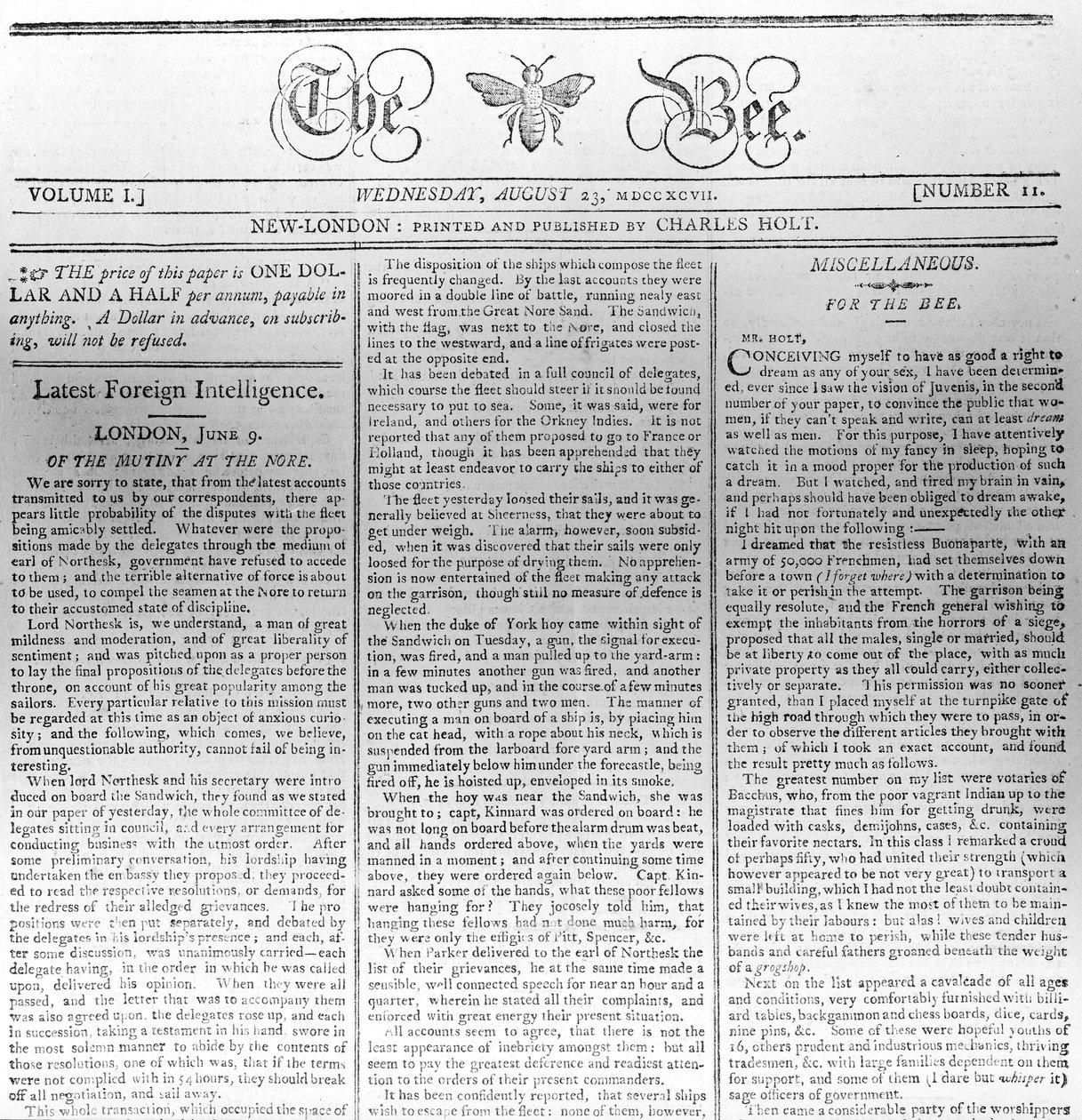 Kopfzeile von The Bee, gedruckt am 23. August 1797 von American School