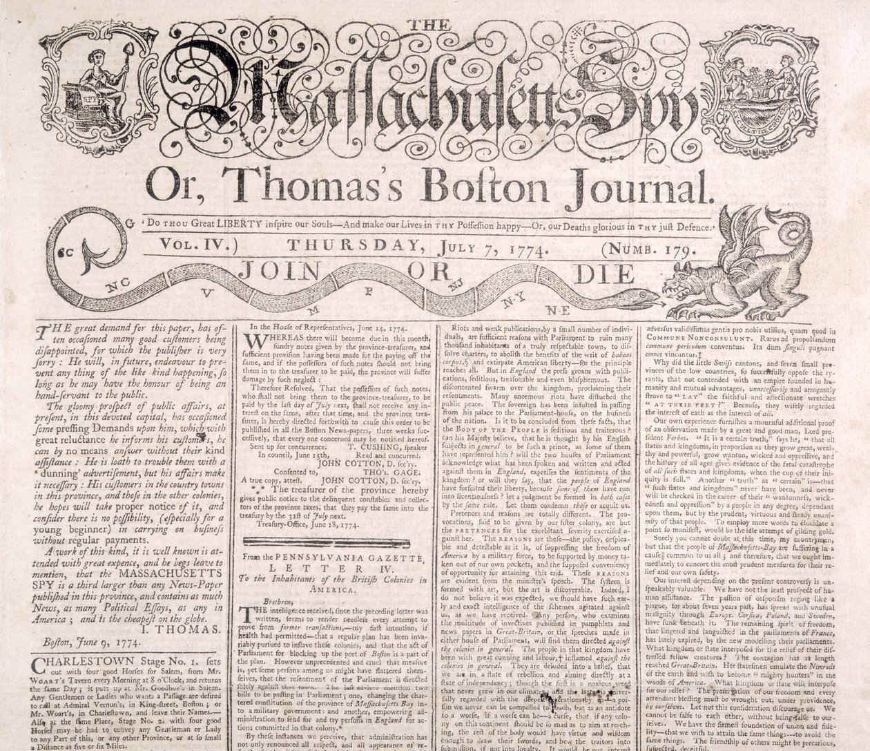 Kopfzeile des Massachusetts Spy, 7. Juli 1774 von American School