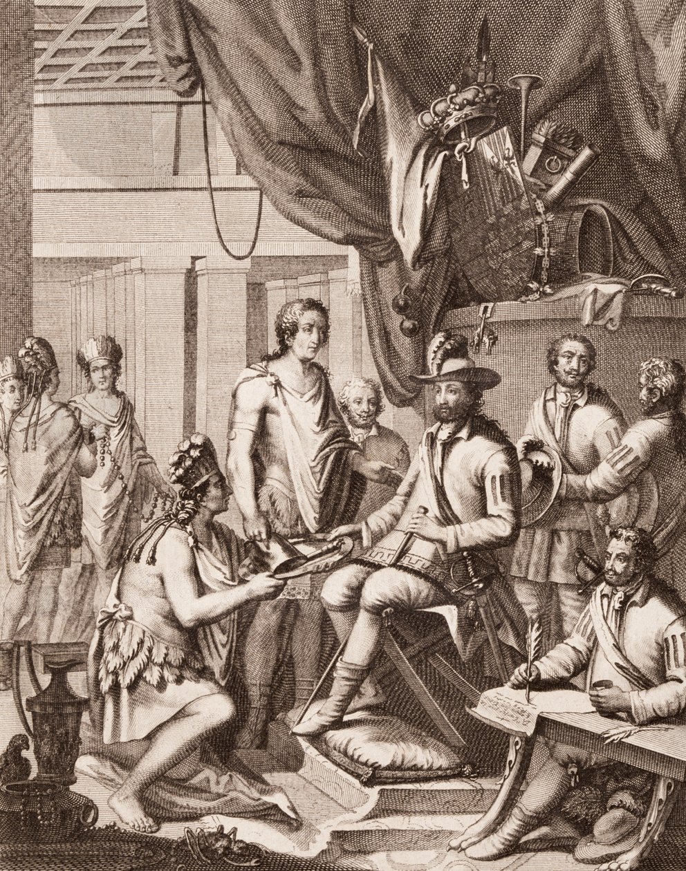 Montezuma übergibt sein Reich an den König von Spanien, gibt ihm Tribut und gelobt Gehorsam, aus Antonio de Solis y Rivadeneira Solis Geschichte der Eroberung Mexikos, graviert von Ximeno von American School