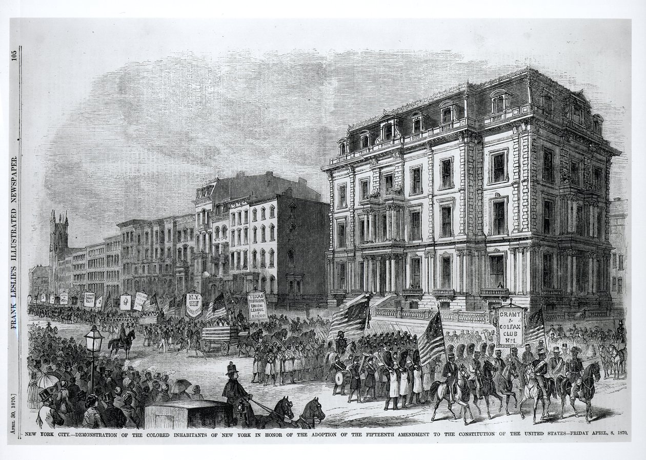 New York City: Demonstration der farbigen Einwohner von New York zu Ehren der Annahme des fünfzehnten Verfassungszusatzes der Vereinigten Staaten, 8. April 1870, aus 