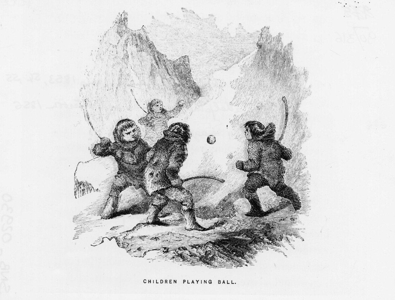 Nordpol: Kinder spielen ein Ballspiel auf dem Packeis - Elisha Kent Kane; Arktische Erkundungen in den Jahren 1853-1855 (Philadelphia, Childs und Peterson) von American School