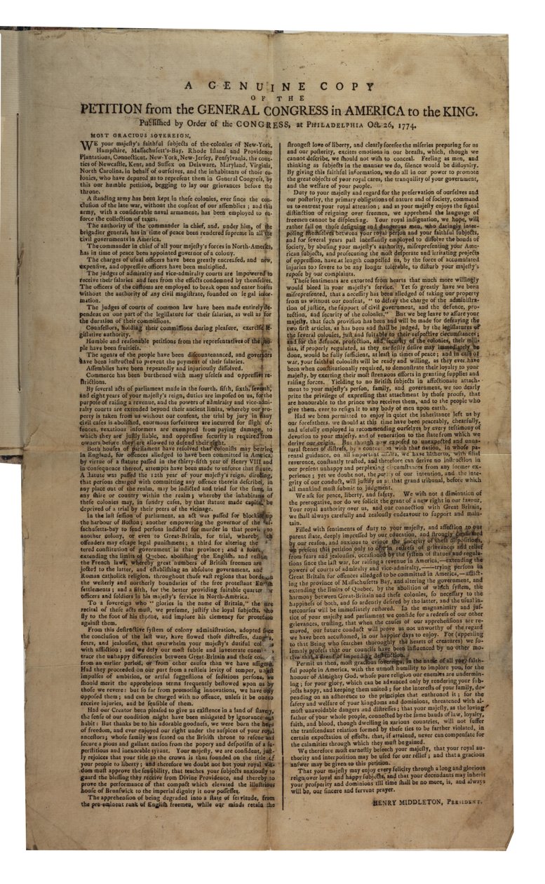 Petition des General Congress in Amerika an den König, Kontinentalkongress, 26. Oktober 1774 von American School
