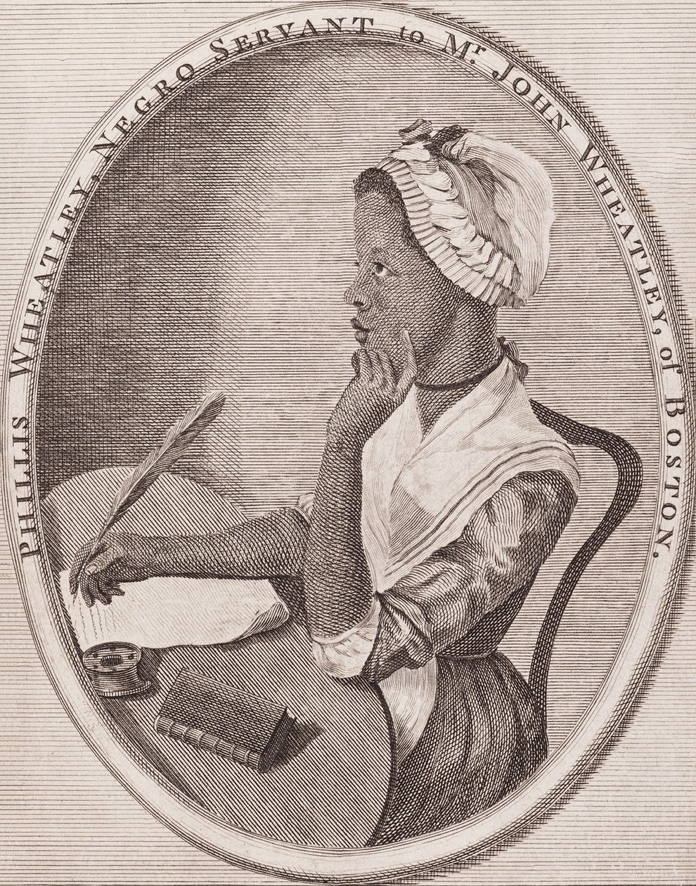 Phillis Wheatley (1753?-1784). Afroamerikanische Dichterin. Graviertes Frontispiz zu ihren "Gedichten", 1773. von American School