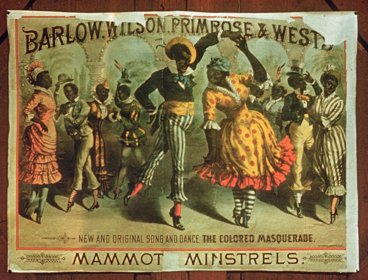 Poster, das Barlow, Wilson, Primrose und Wests Mammot Minstrels Colored Masquerade bewirbt von American School