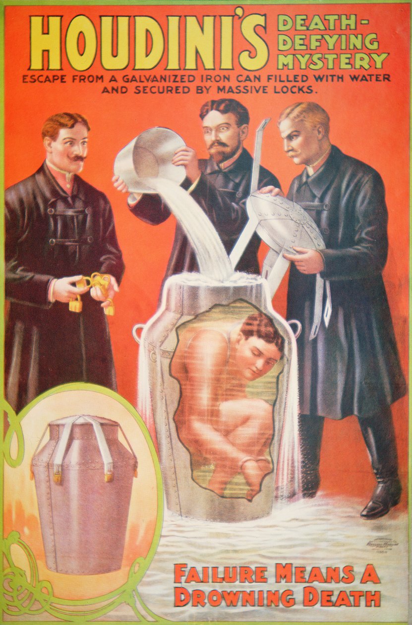 Plakat, das einen neuen Akt von Houdini bewirbt von American School