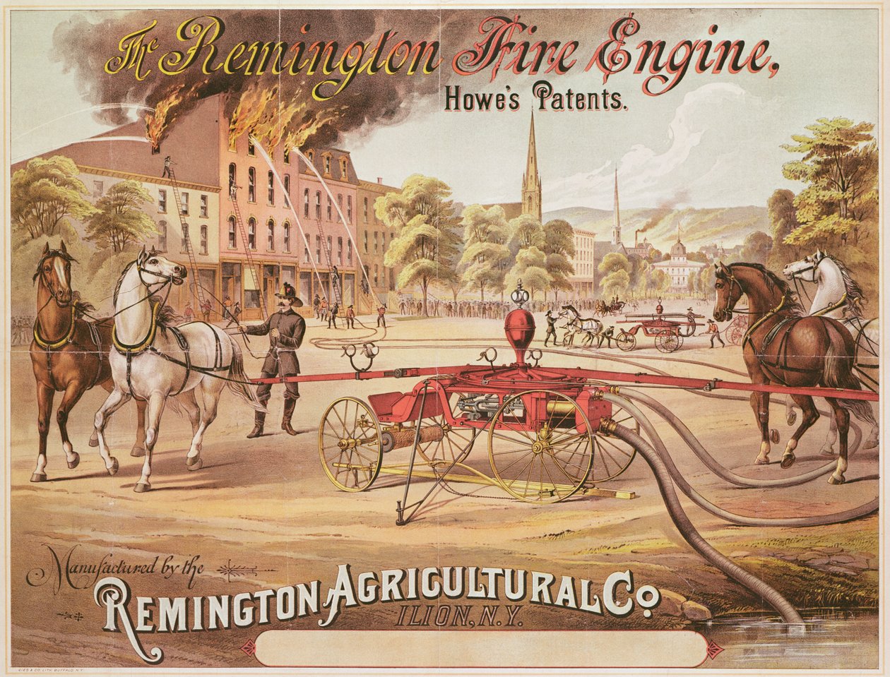 Plakat für die Remington-Feuerwehrmaschine, hergestellt von der Remington Agricultural Company, ca. 1890 von American School