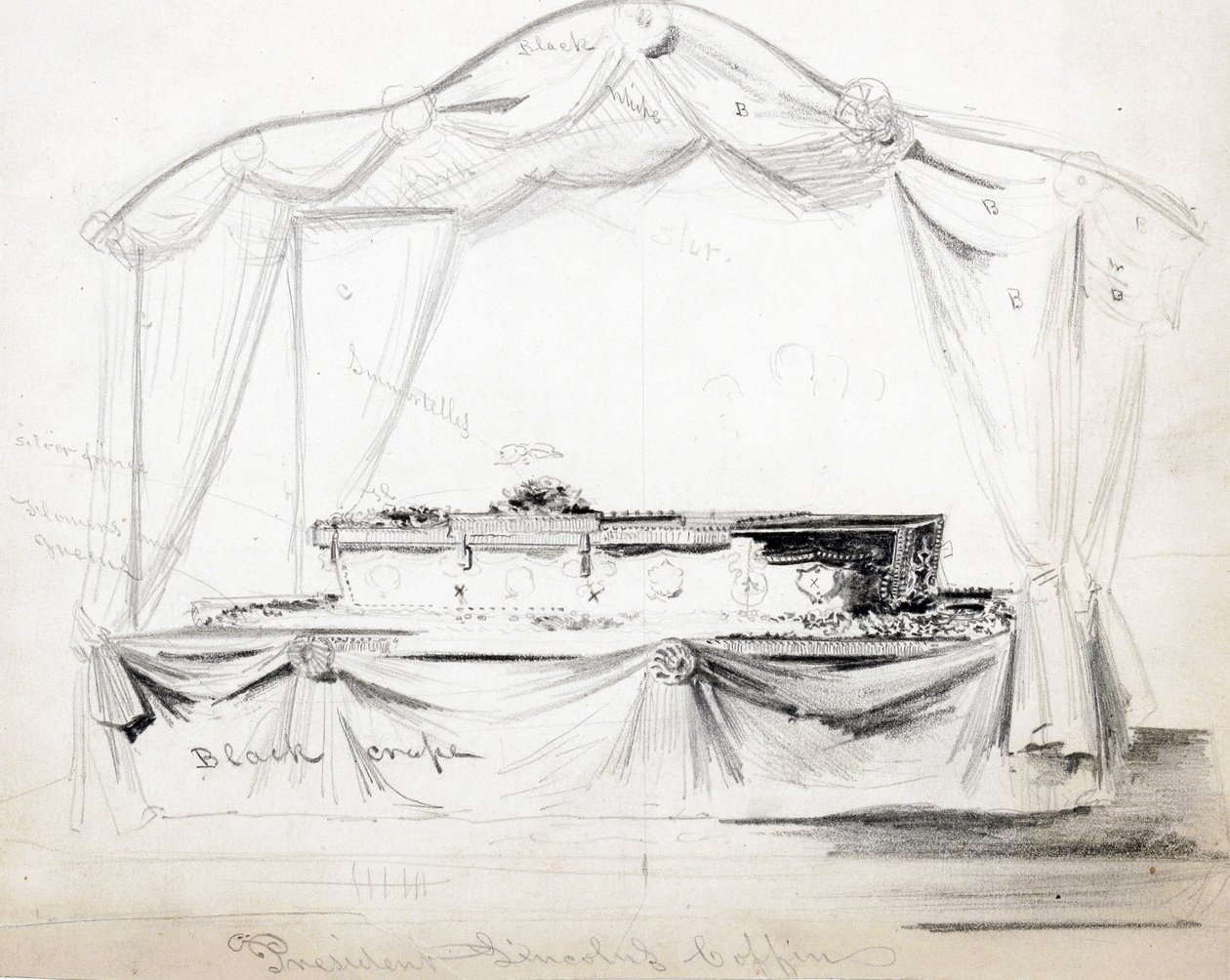 Präsident Abraham Lincolns Sarg liegt im Weißen Haus, Washington D.C., April 1865 von American School