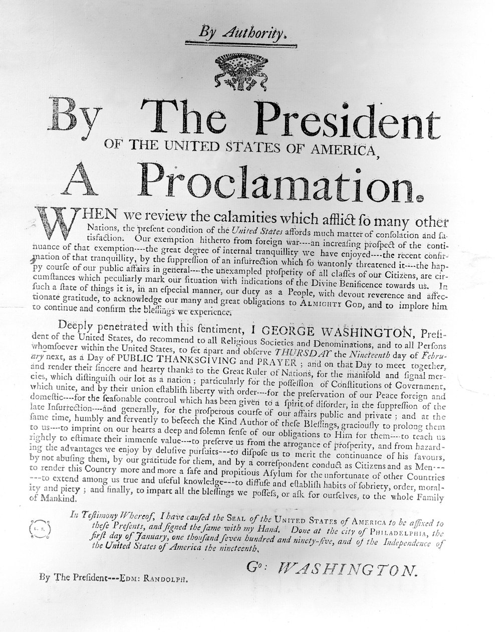 Proklamation von Präsident George Washington, der den Donnerstag, den 19. Februar als Tag des öffentlichen Dankes und Gebets festlegt, 1795 von American School