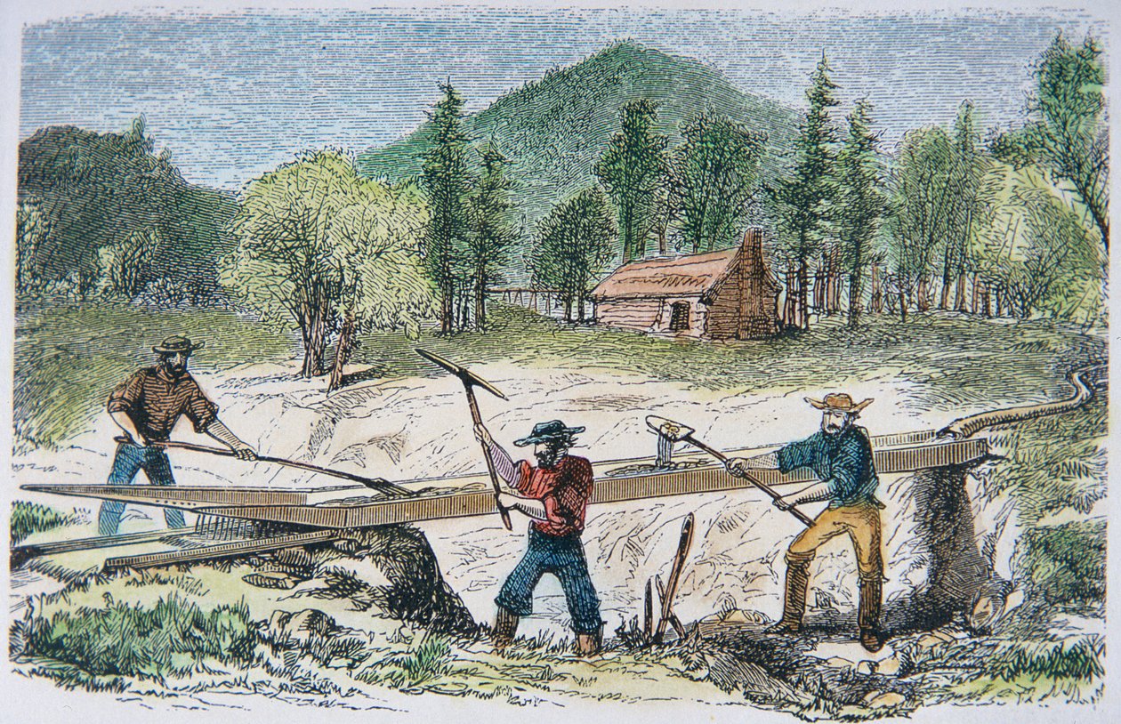 Goldsucher benutzen eine Rinne während des kalifornischen Goldrauschs von 1849 von American School
