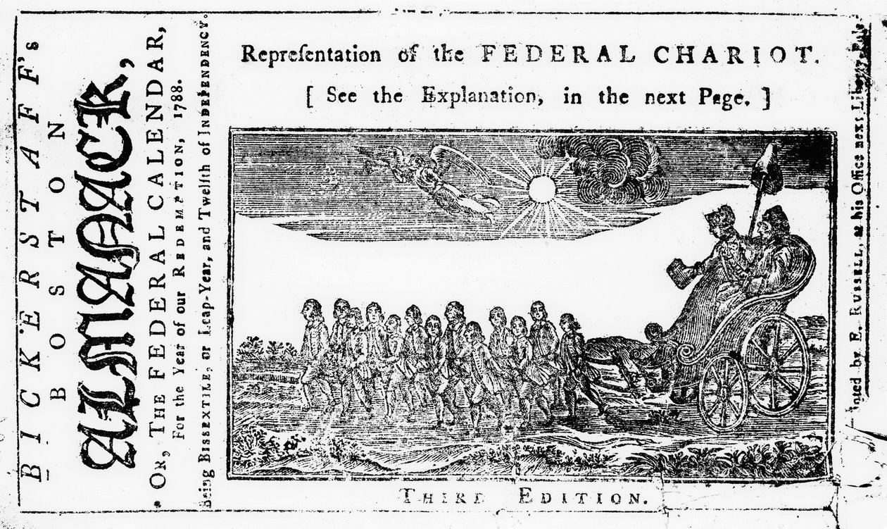 Darstellung des Bundeswagens, Titelillustration aus Bickerstaffs Boston Almanack, veröffentlicht 1788 von American School