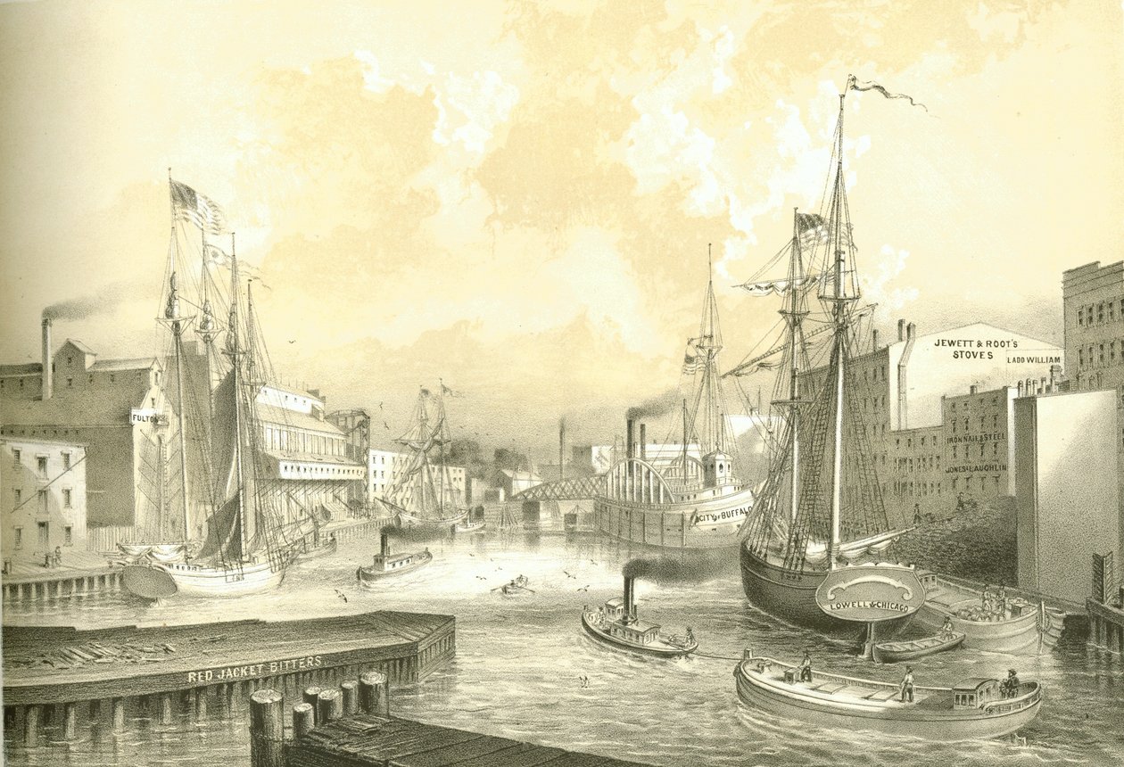 Rush Street Bridge, Blick von der State Street, aus Chicago Illustrated, mit literarischen Beschreibungen von James W. Sheahan, veröffentlicht von Jevne & Almini, Chicago, 1866-67 von American School