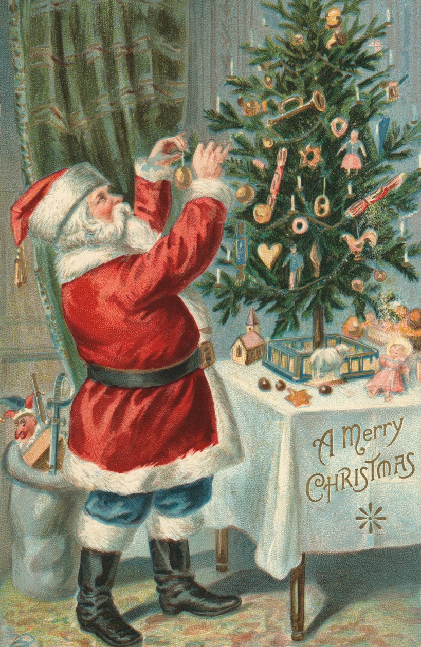 Weihnachtsmann schmückt einen Weihnachtsbaum von American School