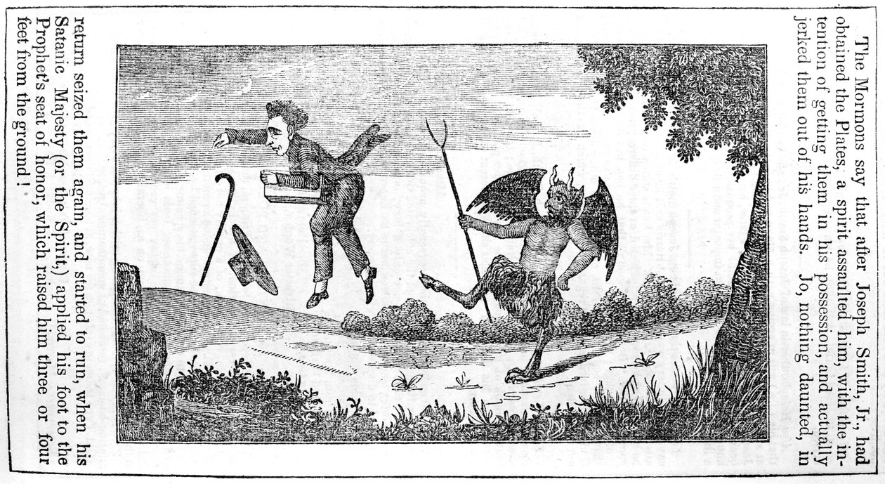 Satan tritt Joseph Smith (1805-44), von der Rückseite des Anti-Mormon Almanac für 1842 von American School